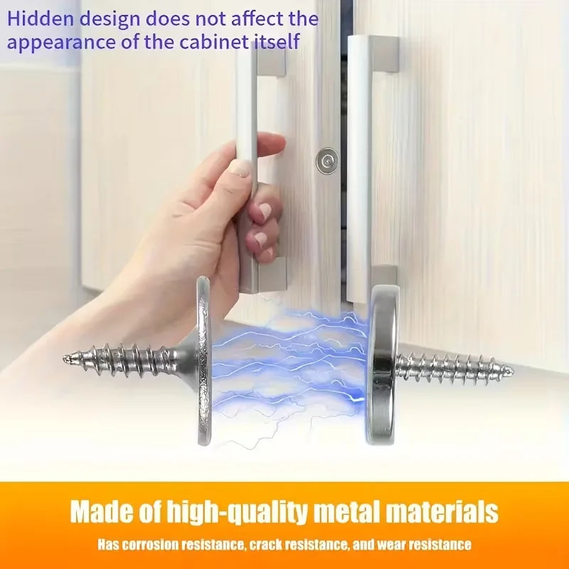 A hand is shown interacting with a metal cabinet door catch, demonstrating its design and material quality.