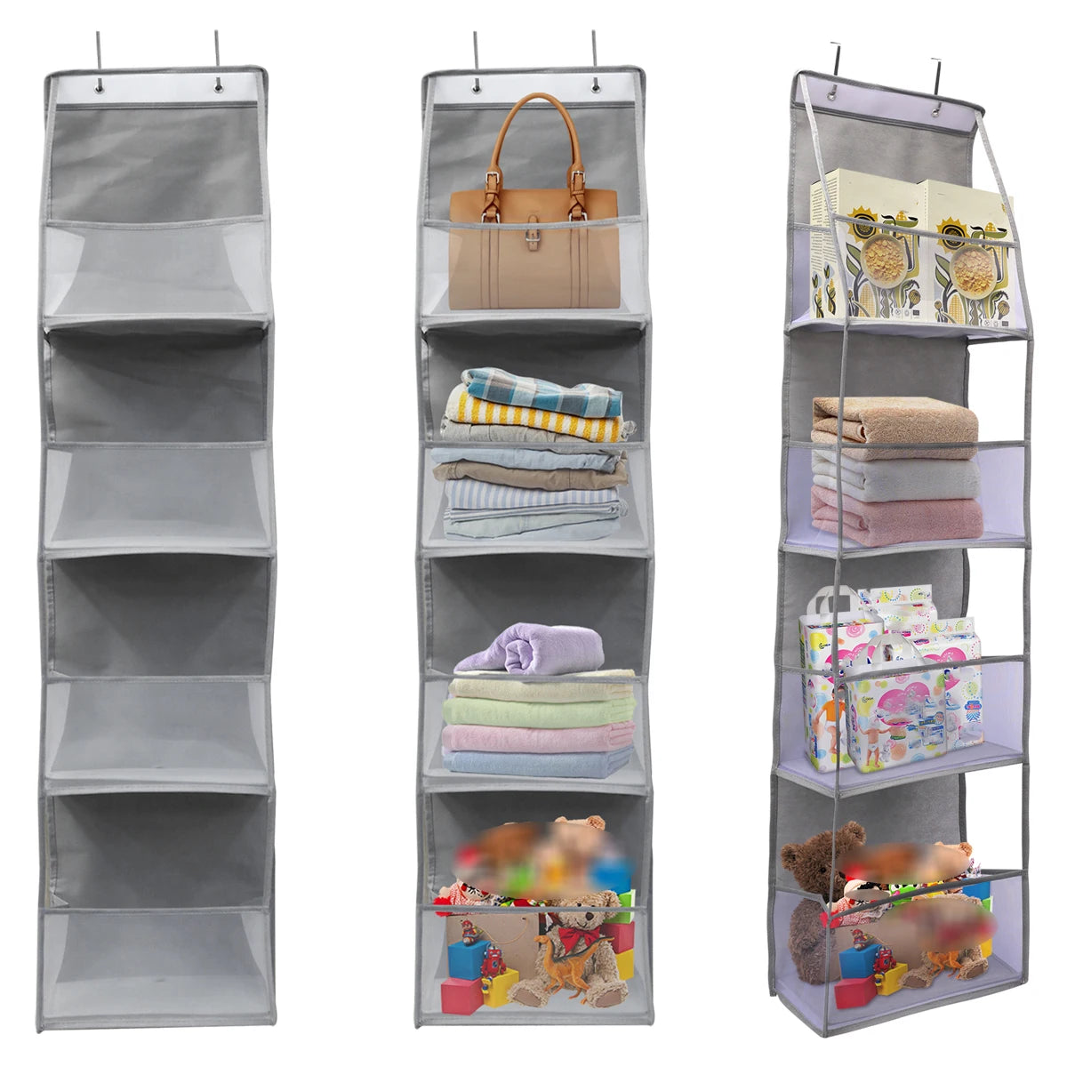 Over-the-door hanging organizer with clear compartments storing various small items and a handbag
