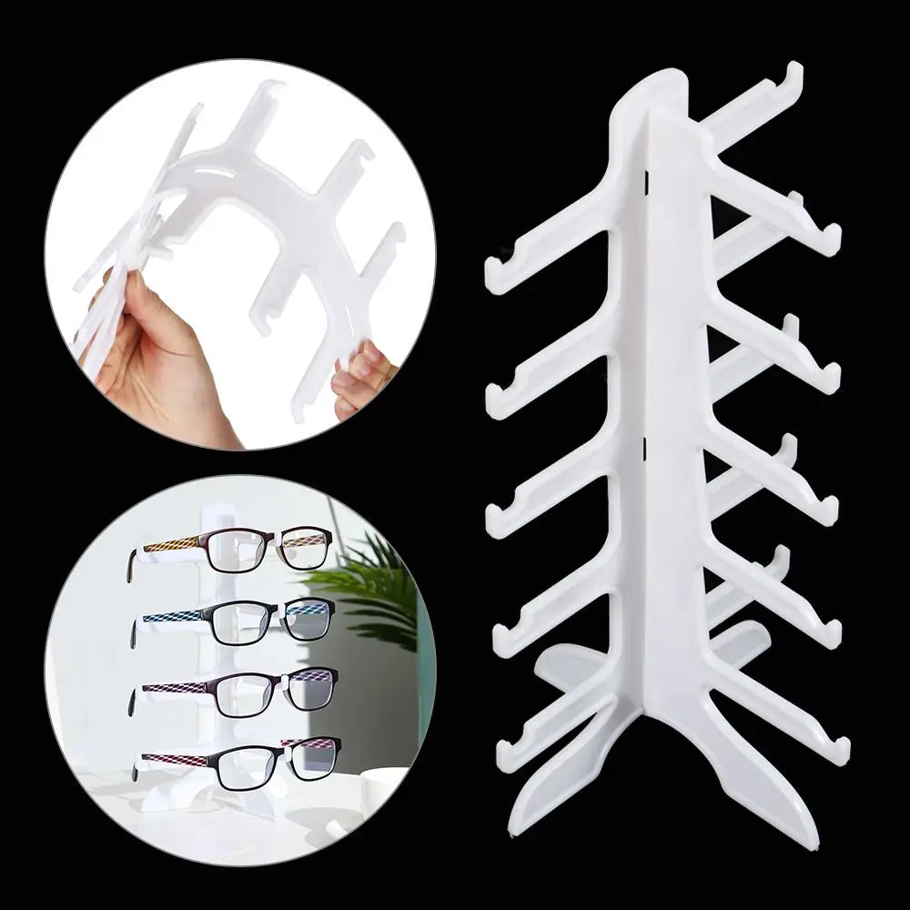 A white stackable display stand for holding sunglasses and reading glasses is shown in various angles.