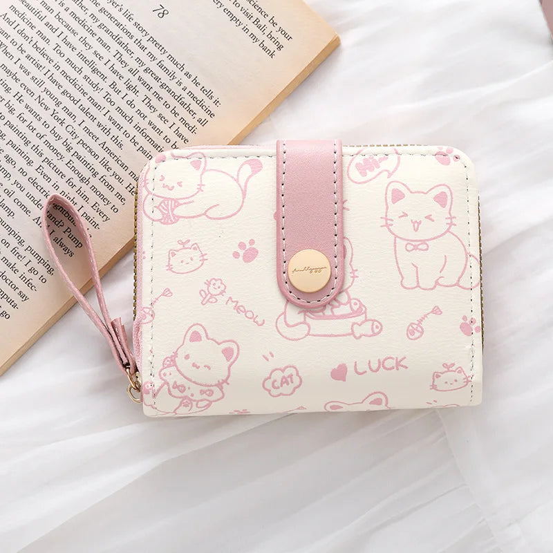 Cute Cat Face PU Leather Coin Purse with Wrist Strap