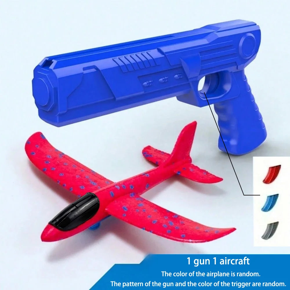 A blue toy gun and a red foam airplane are shown with random patterns and colors.