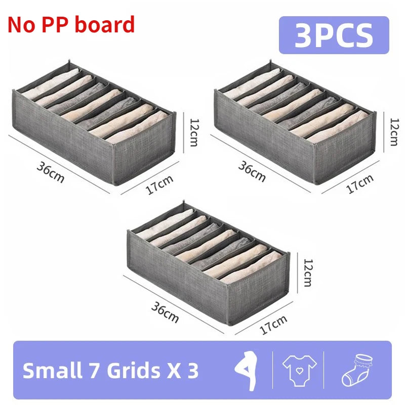 Three gray PP board foldable closet organizer boxes, each containing seven grids for storing underwear and accessories.