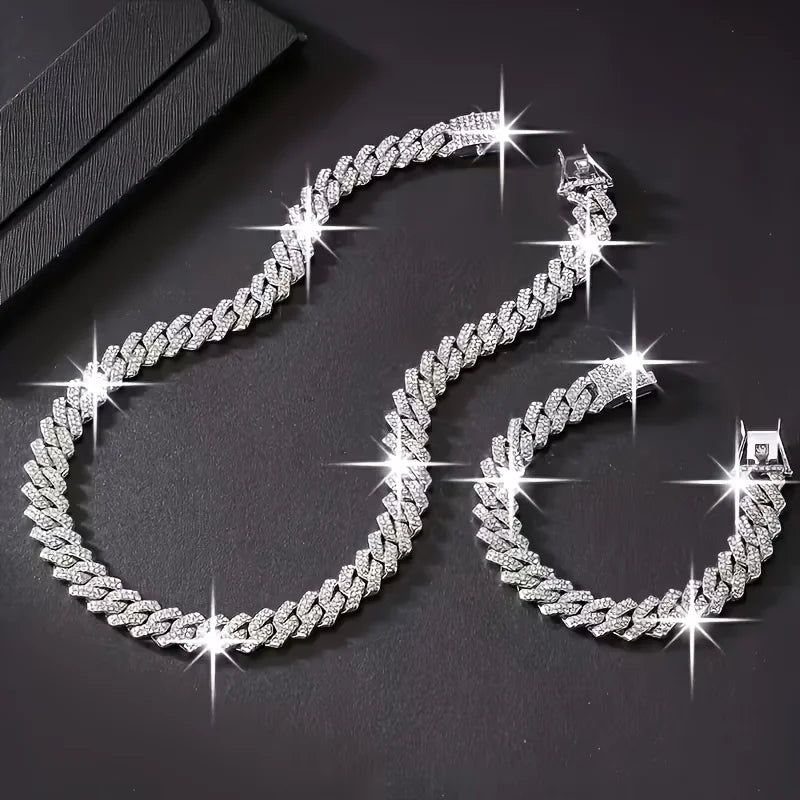 Heavy Cuban Chain Jewelry Set with Crystal Accents