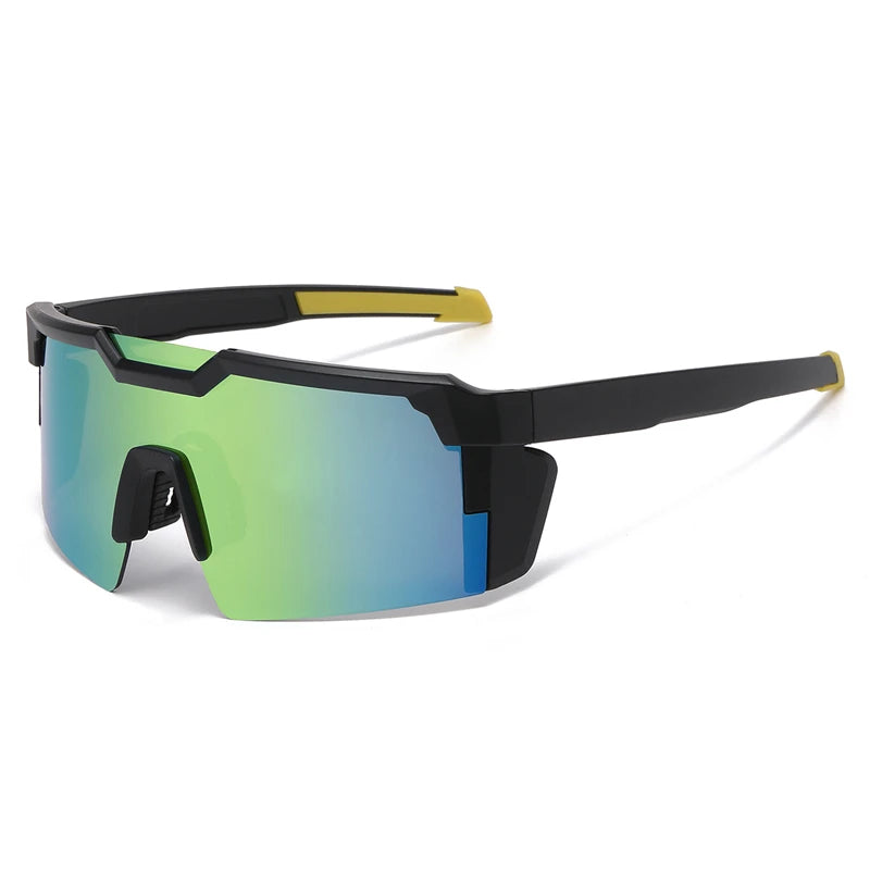 Black and yellow polarized sports sunglasses with green lenses shown against a white background.