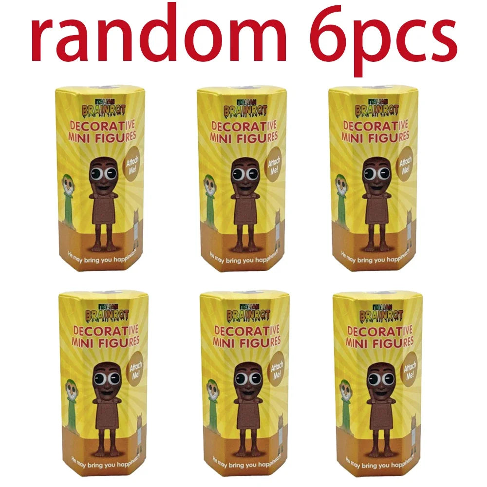 A set of six random decorative mini figures in yellow packaging for a blind box product.