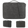 A dark gray padded laptop sleeve bag with a carrying handle shown from the top and side views.