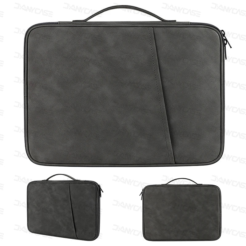 A dark gray padded laptop sleeve bag with a carrying handle shown from the top and side views.
