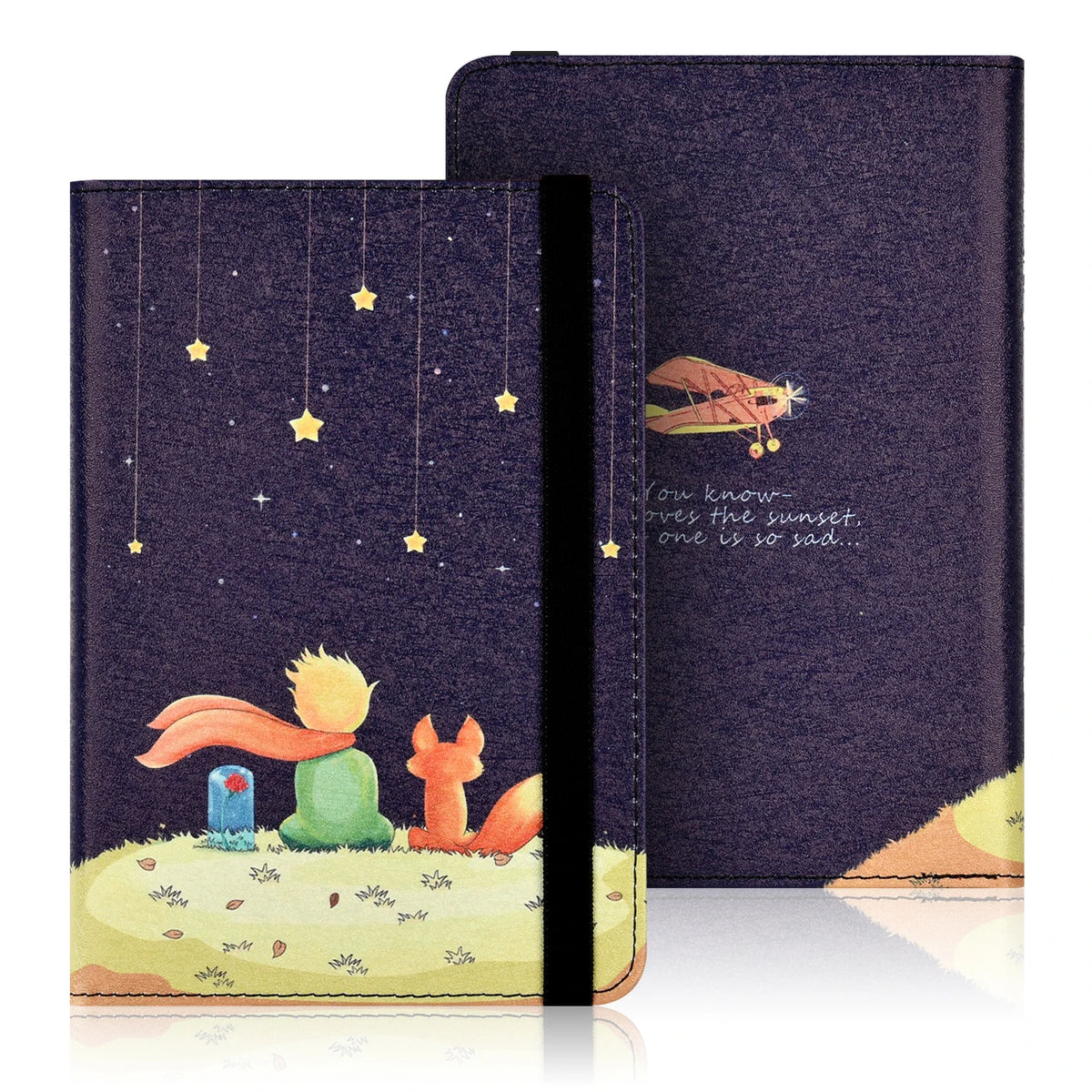 A dark purple e-reader case featuring a starry night scene with a silhouette of a person and an orange fox.