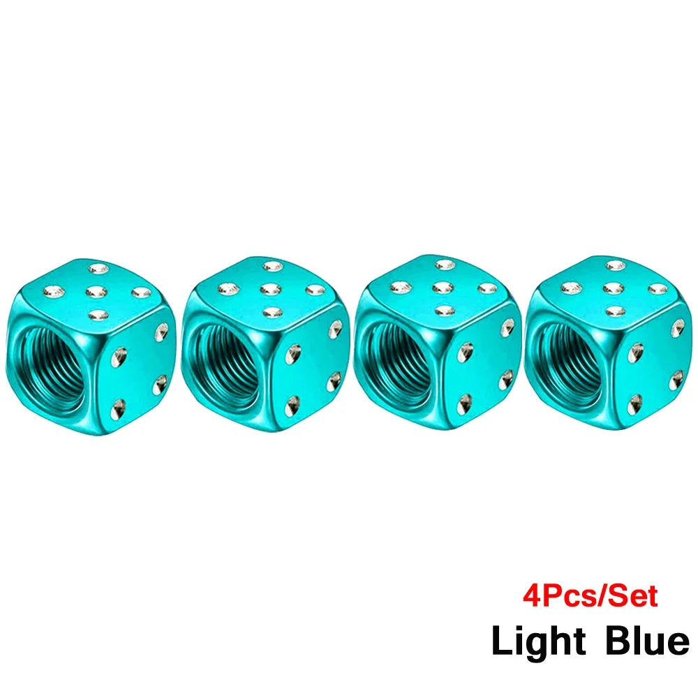 Set of four light blue aluminum alloy dice design tire valve caps