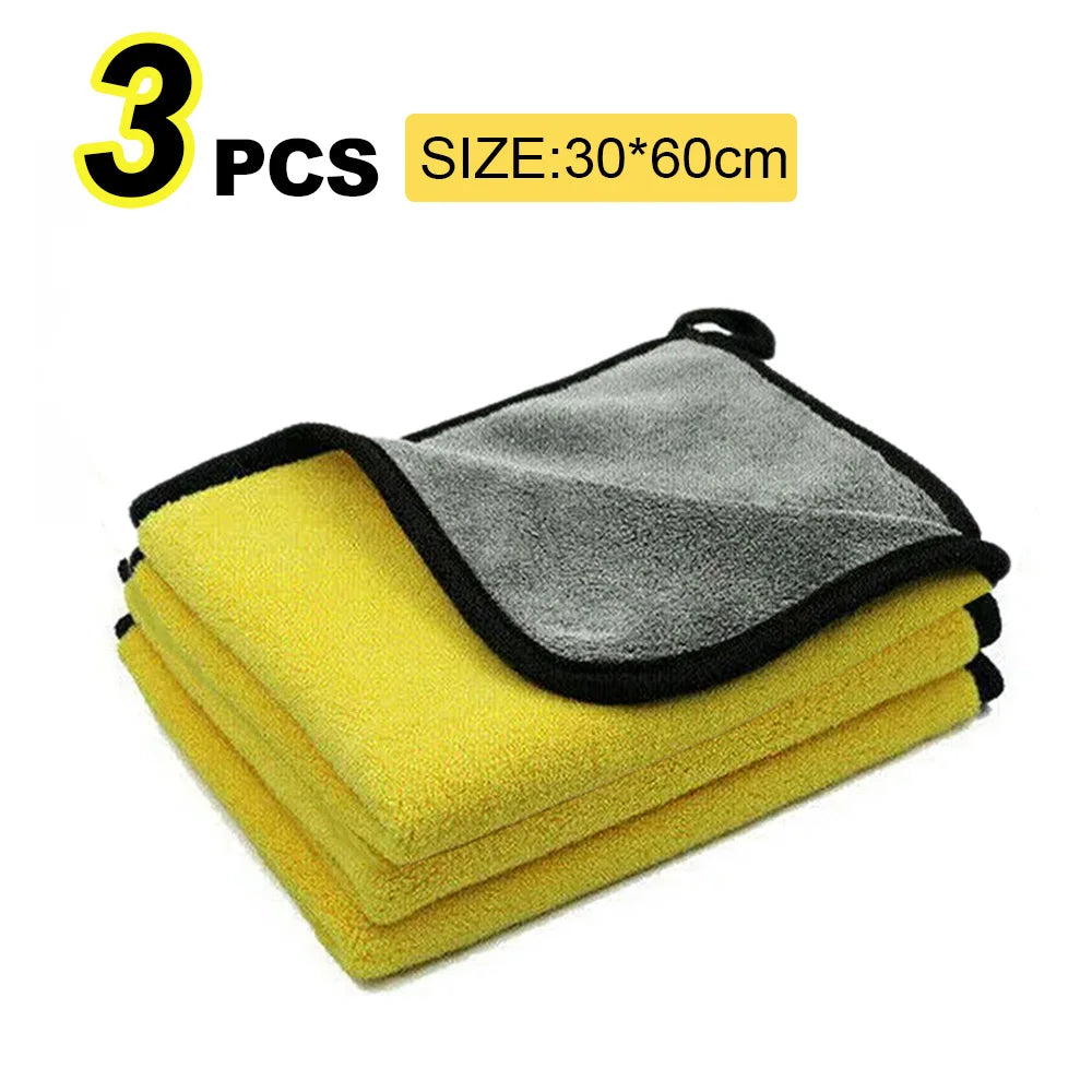 Three stacks of gray and yellow microfiber cleaning towels, size 30x60cm.