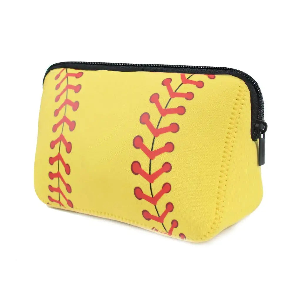 A yellow waterproof neoprene cosmetic bag with a black zipper and red stitching detail.