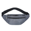 A gray nylon waist pack with a black adjustable strap and a zippered pocket.