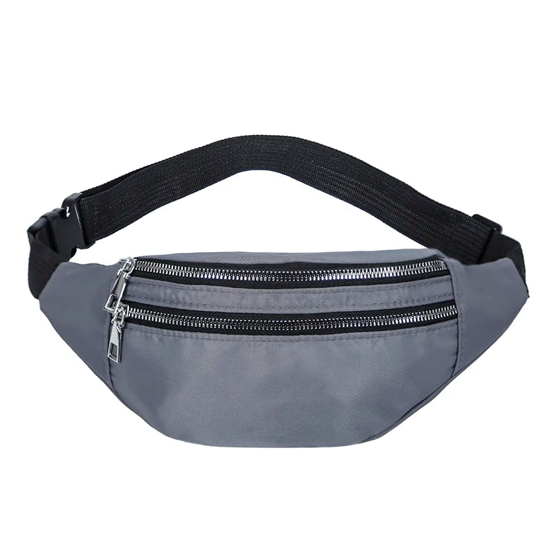 A gray nylon waist pack with a black adjustable strap and a zippered pocket.