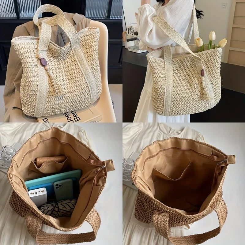 Natural Straw Woven Tote Bag with Tassel