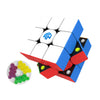 A blue and red magnetic speed cube puzzle with white stickers and a visible logo on the top face.