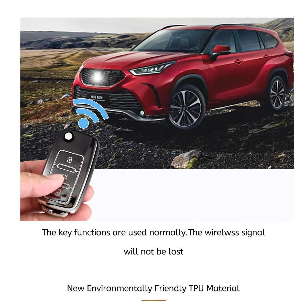 A red crossover vehicle is shown with a key fob and a hand, demonstrating the wireless signal of a soft TPU car key cover.