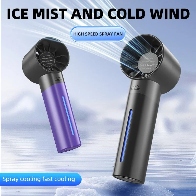 A black and purple portable misting fan is shown in a close-up against a snowy background, demonstrating its use for cooling.