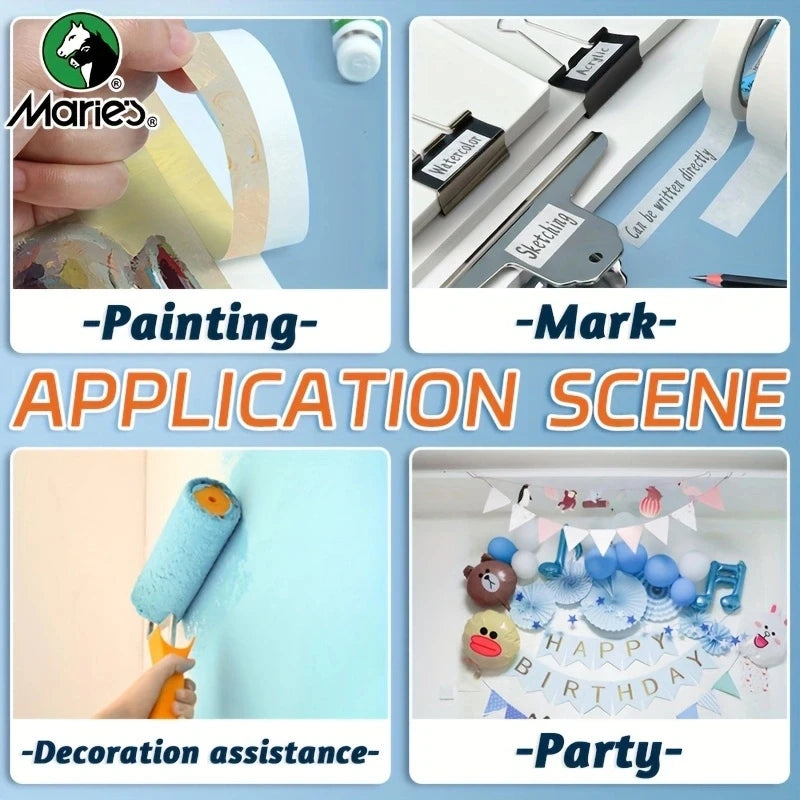 Application scene showing Marie's decorative paper tape used for painting, marking, decoration assistance, and party setups.