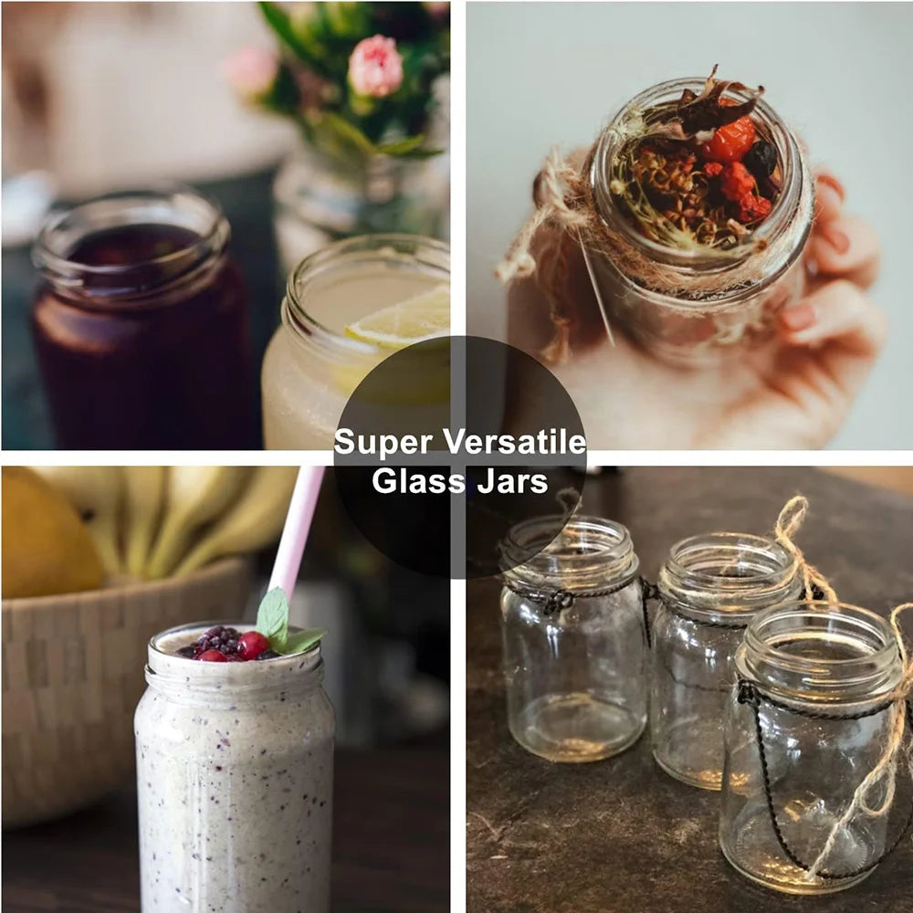 A collection of glass jars and bottles containing various juices and ingredients, some with natural lids.