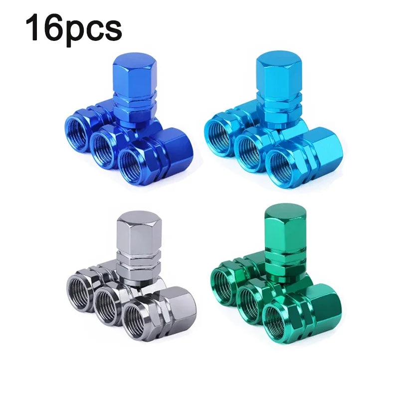 A set of four aluminum alloy wheel tire valve caps in various colors including blue, teal, and green.