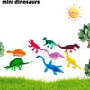 A collection of eight colorful mini dinosaur figurines, including a T-Rex and various other dinosaurs, displayed on green gra