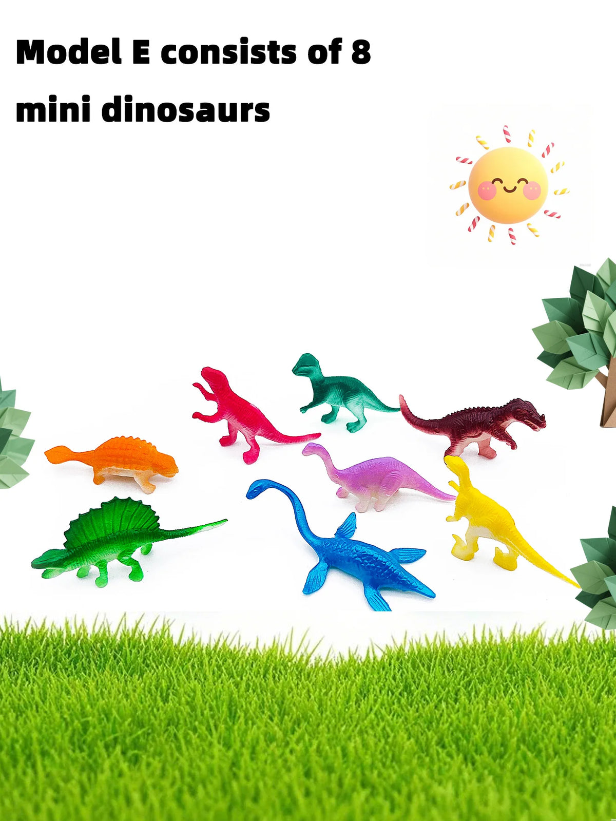 A collection of eight colorful mini dinosaur figurines, including a T-Rex and various other dinosaurs, displayed on green gra