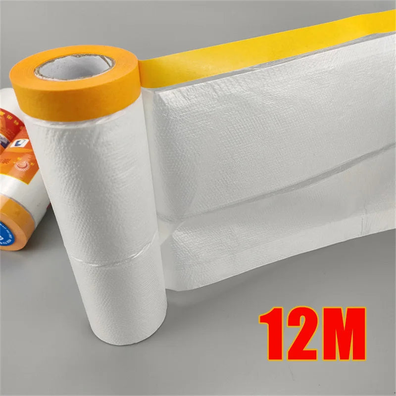 Roll of white pre-taped masking film for painting protection with a yellow tape edge.