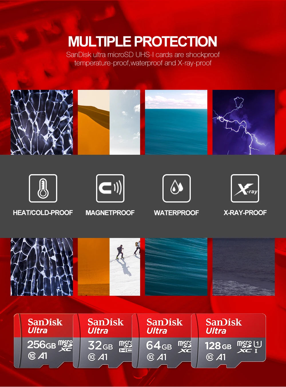 SanDisk Ultra microSD cards are shown with multiple protection features including heat cold waterproof and X-ray proof