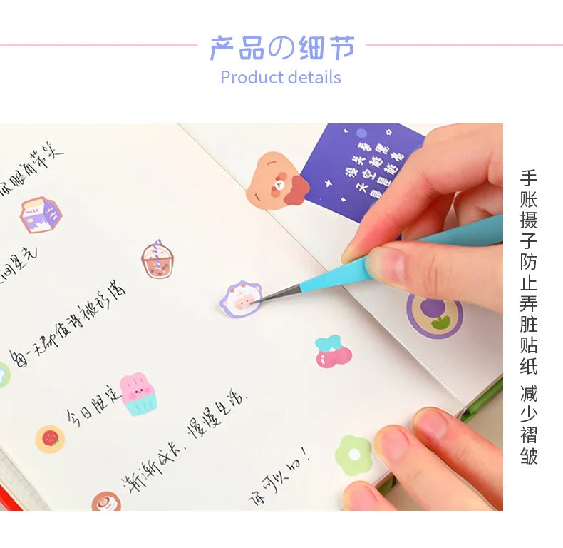 A hand uses a fine-tipped tool to apply colored glue or paint onto a paper, demonstrating macaron color craft tweezers for sc