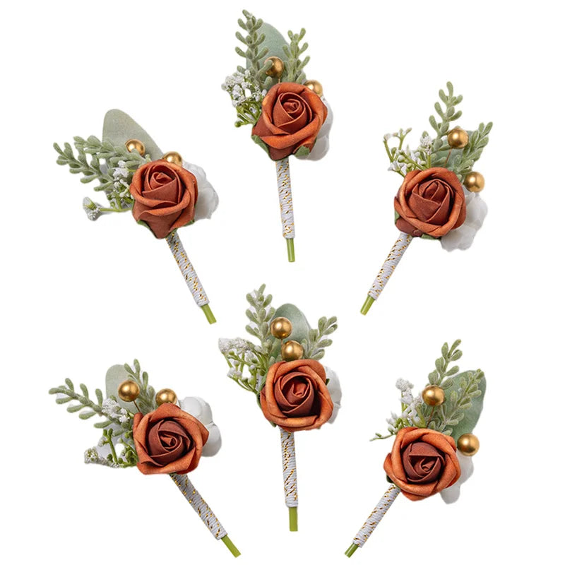 Burnt Orange Silk Boutonniere Set for Wedding Groom and Groomsmen