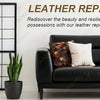A leather repair kit featuring adhesive tape displayed next to a black leather sofa and glass doors.