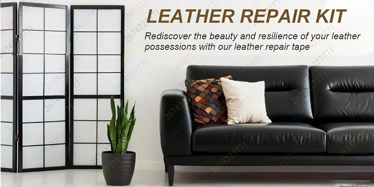 A leather repair kit featuring adhesive tape displayed next to a black leather sofa and glass doors.