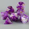 A set of seven purple marbled polyhedral dice, including a d10, d20, and dodecahedron.