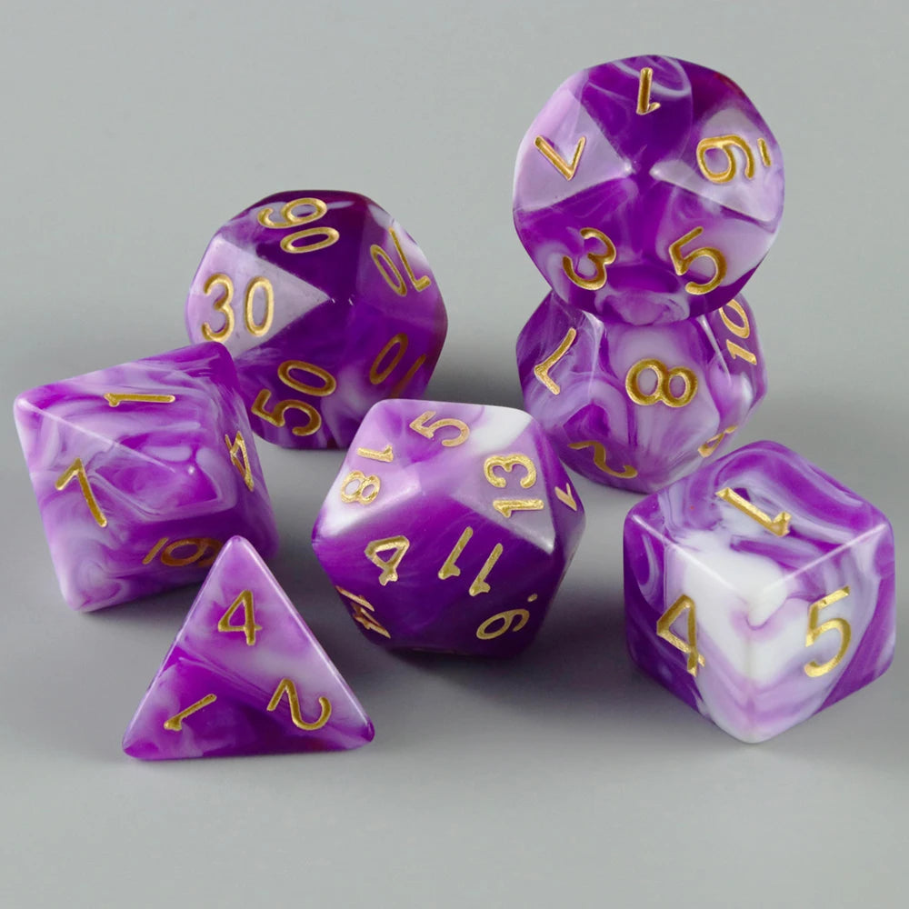 A set of seven purple marbled polyhedral dice, including a d10, d20, and dodecahedron.