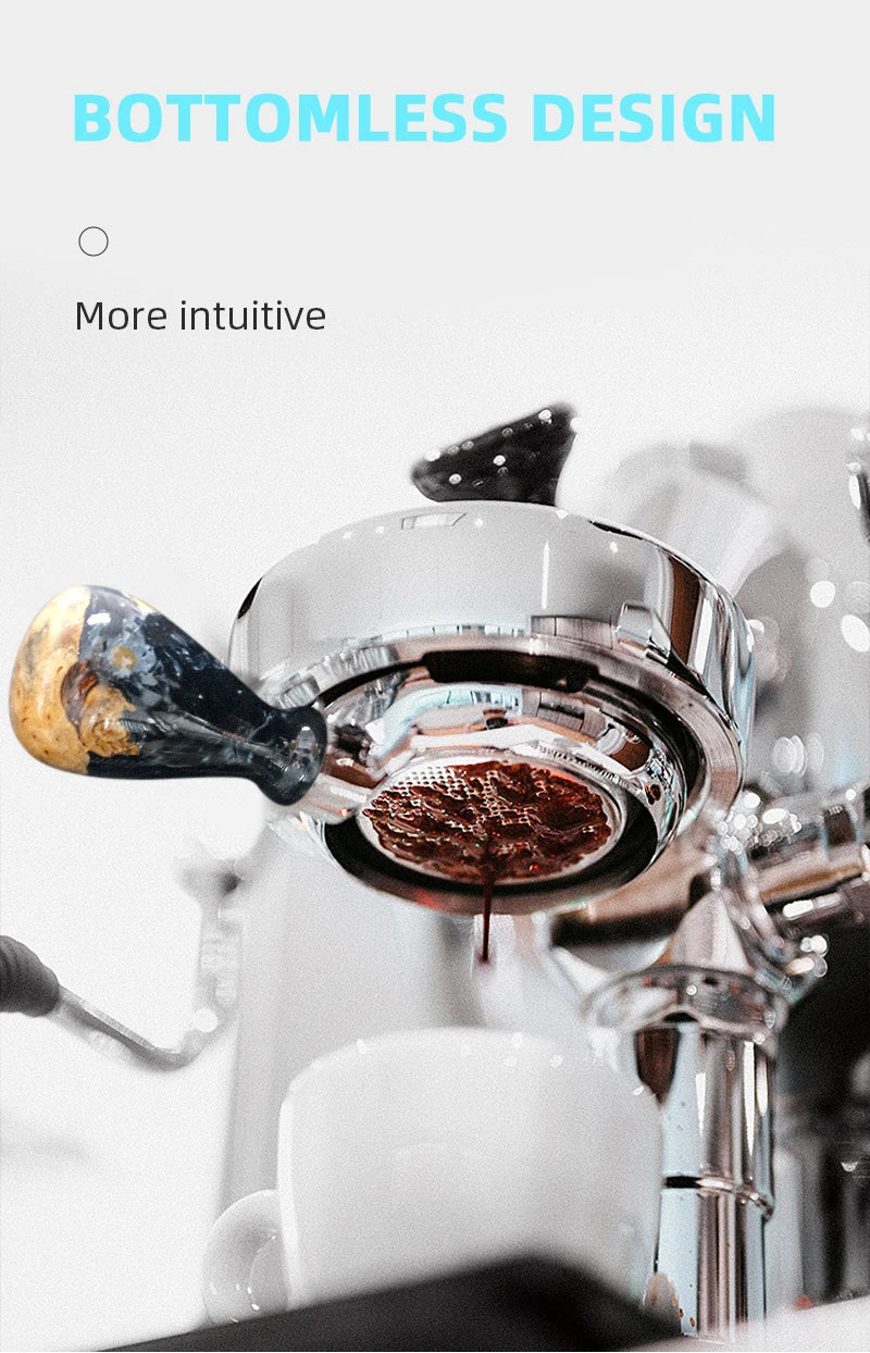 A close-up view of a stainless steel bottomless espresso portafilter being used in a coffee machine.