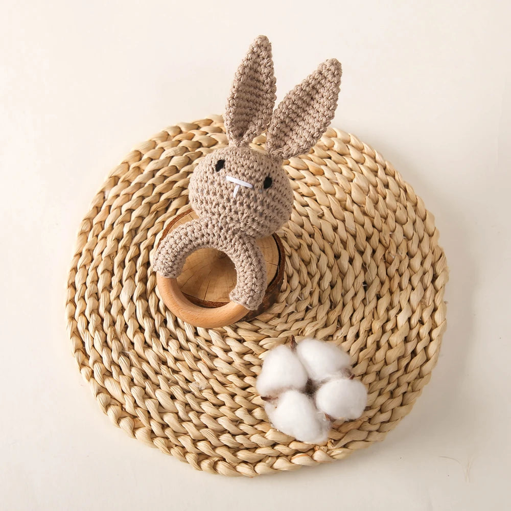 Handmade Crochet Bunny Rattle with Wooden Teether for Babies