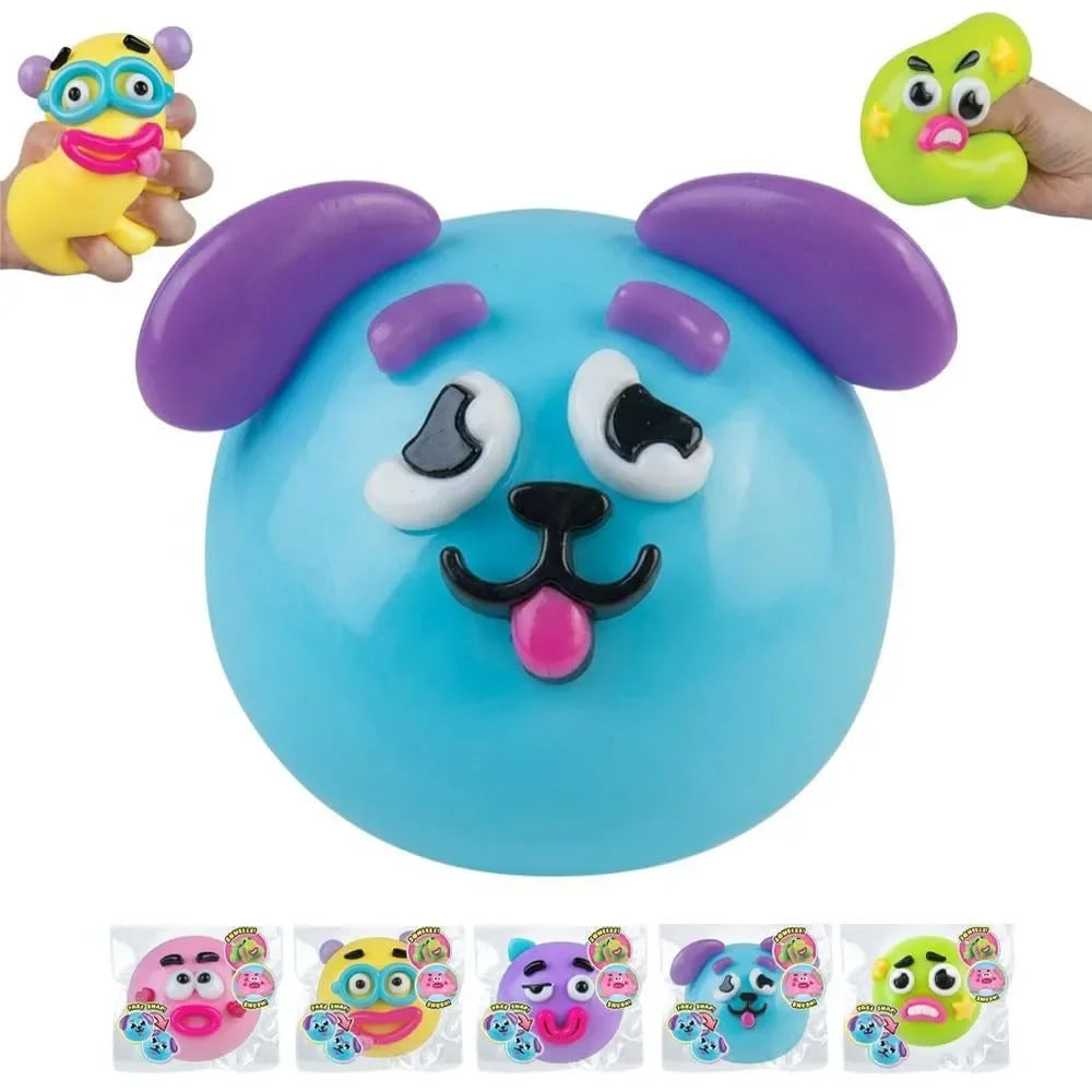 A collection of face-changing stress relief squishy toys in various colors and designs.