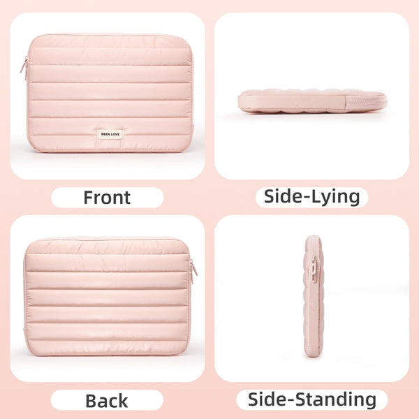 A soft pink puffy laptop sleeve shown from the front, side-lying, back, and side-standing views.
