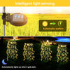 Automatic light sensing system showing a solar-powered outdoor light and string lights automatically switching on.