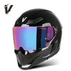 A black full-face motorcycle helmet with a reflective purple-blue visor and ventilation grilles.