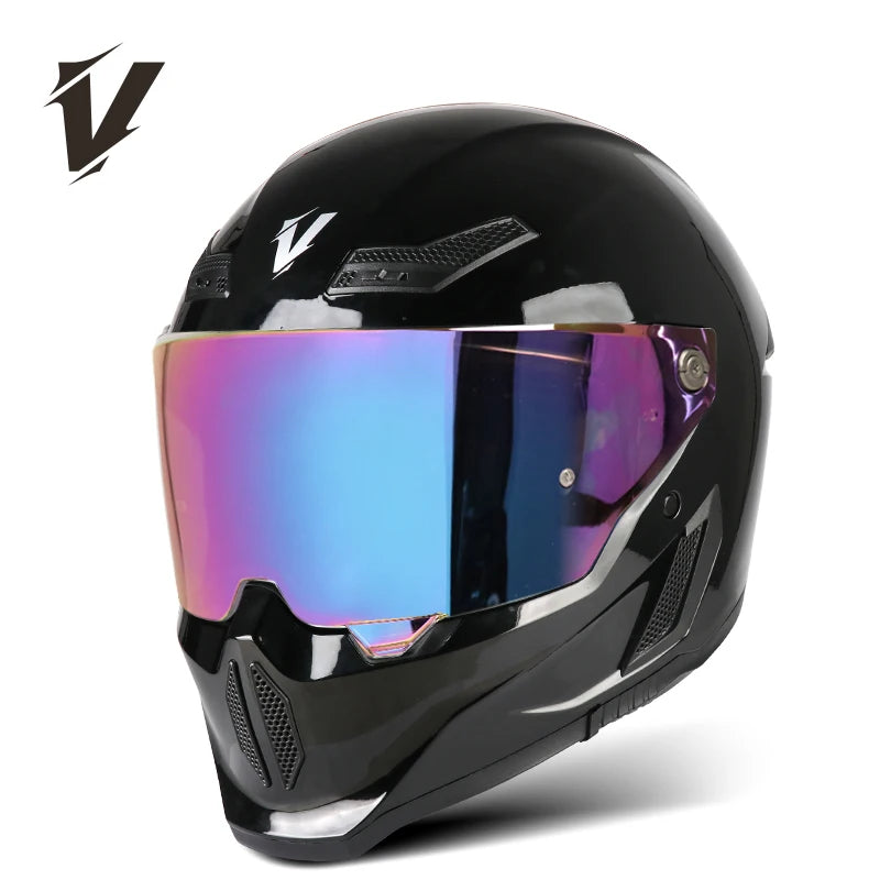 A black full-face motorcycle helmet with a reflective purple-blue visor and ventilation grilles.