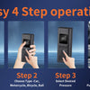 Four steps for operation showing a hand powering on a device, selecting pressure, and pumping air into a tire.