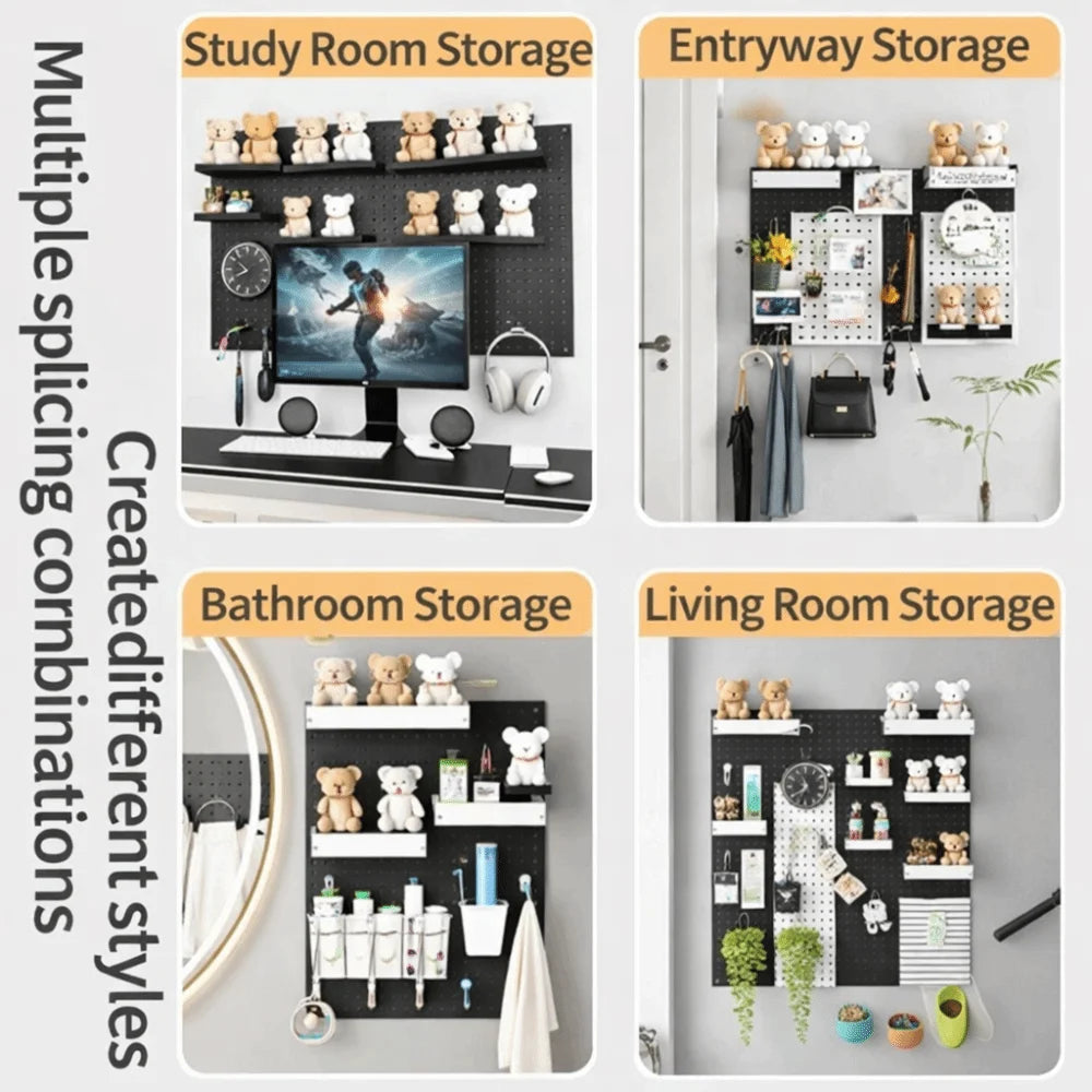 A collection of wall-mounted pegboard organizers showing various storage solutions for study, entryway, bathroom, and living 