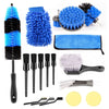 A set of seven blue and black drill brush attachments including a large brush, foam brushes, and cleaning tools.