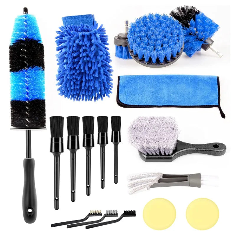 A set of seven blue and black drill brush attachments including a large brush, foam brushes, and cleaning tools.