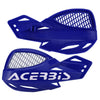 A pair of blue universal motorcycle hand guards made of windproof and protective nylon shields.
