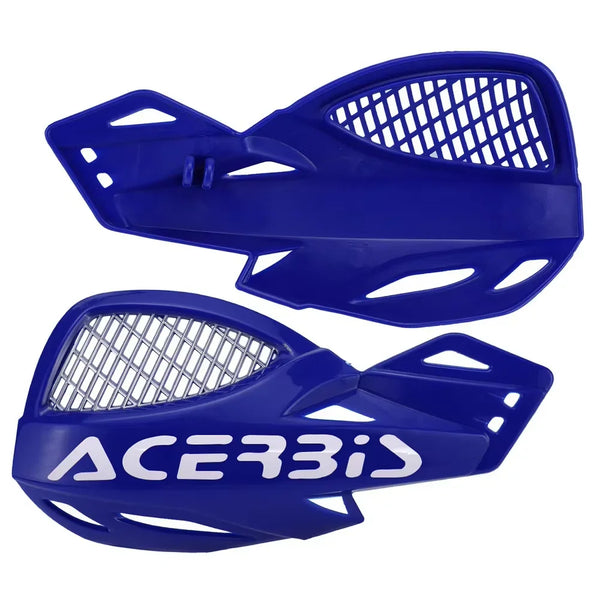 A pair of blue universal motorcycle hand guards made of windproof and protective nylon shields.