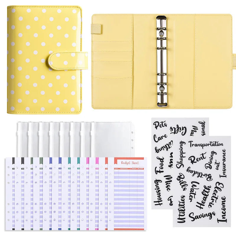 A yellow polka dot PU leather binder wallet with cash envelopes and card holder shown in various layouts.