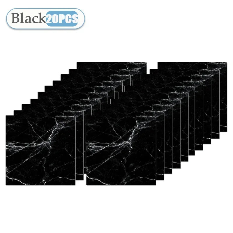 Black tile stickers in a grid pattern showing marble-like cracks and veins.