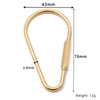 A gold brass keychain charm with a locking carabiner clip, measuring 43mm long and weighing 12g.